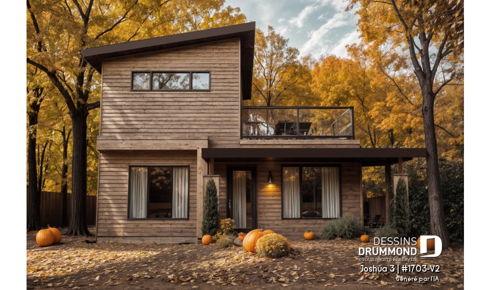Alternative - Plan de petite maison moderne 2 chambres + bureau, cuisine compacte avec îlot et garde-manger, grande terrace - Joshua 3