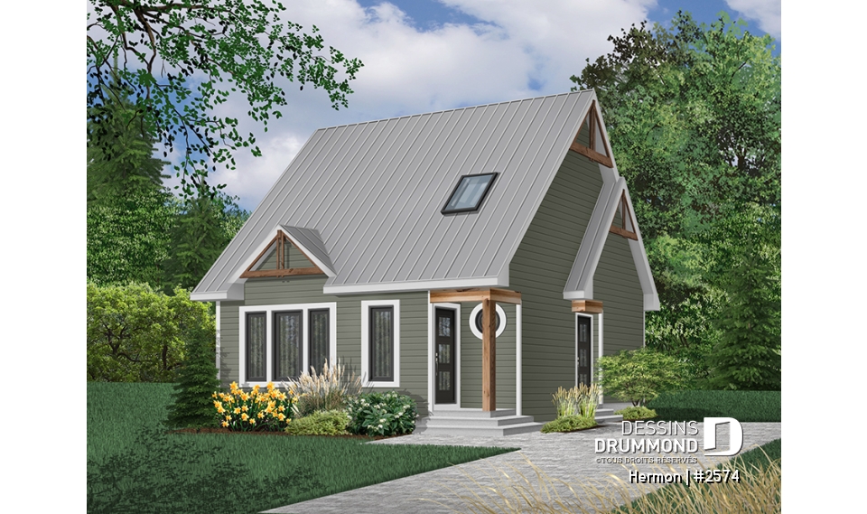 Version couleur no. 1 - Vue avant - Plan de maison style minimaliste, secteur d'activité ouvert, vestiaire, 2 chambres, sous-sol à aménager - Hermon