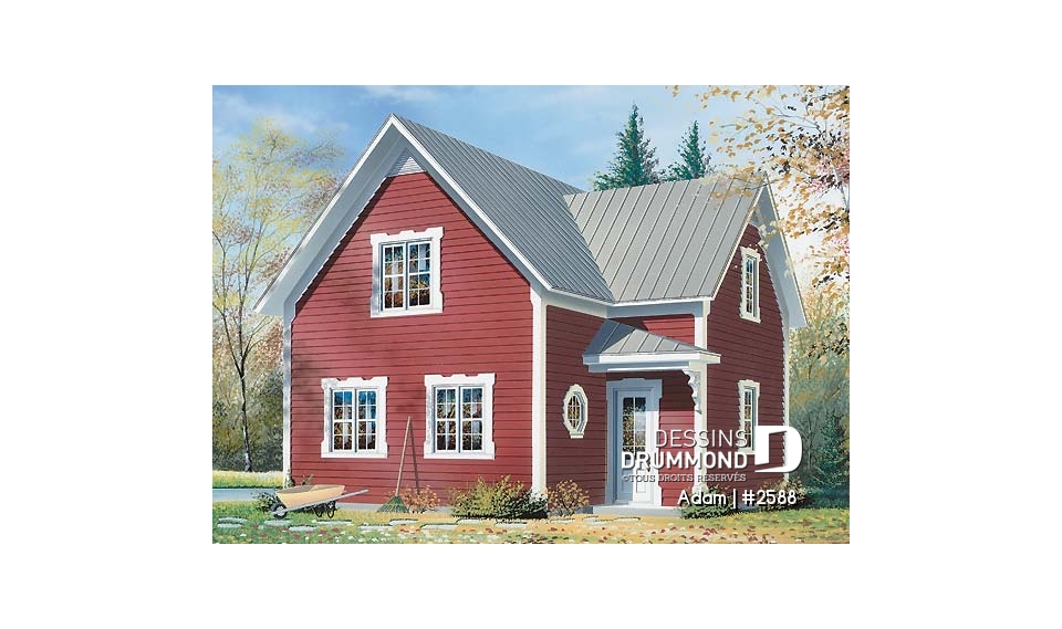 Vue avant - MODÈLE DE BASE - Plan de petite maison économique 2 étages, 2 chambres, coin ordinateur, espace ouvert, dalle de béton - Adam