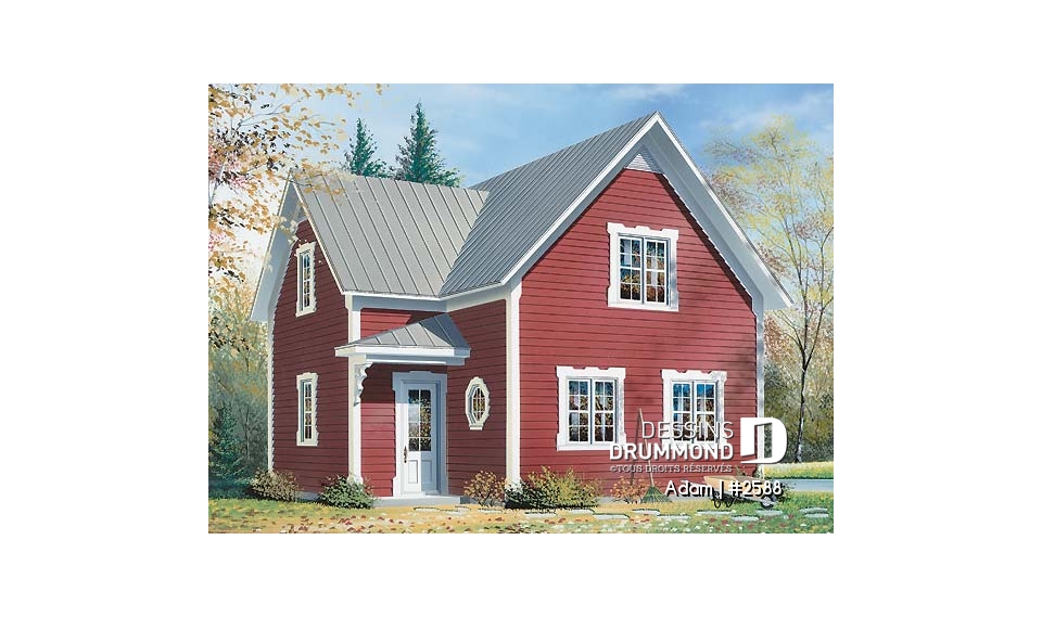 Vue avant - MODÈLE DE BASE - Plan de petite maison économique 2 étages, 2 chambres, coin ordinateur, espace ouvert, dalle de béton - Adam