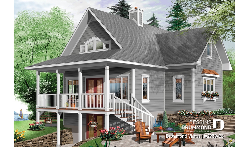 Vue arrière - MODÈLE DE BASE - Plan de maison / chalet, superbe suite des maîtres au rdc, plancher ouvert, mezzanine, fondation rez-de-jardin - Drummond Vistas