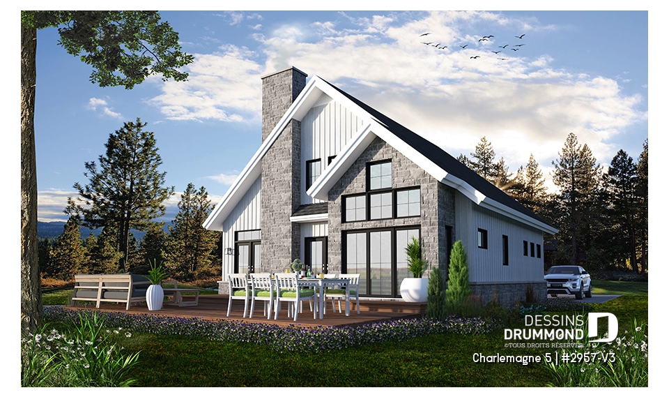 Vue arrière - MODÈLE DE BASE - Plan de maison chalet nordique – 3 chambres, mezzanine et foyer au cœur du salon - Charlemagne 5