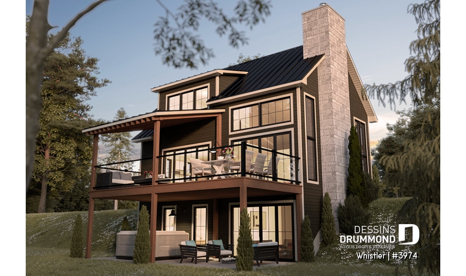 Vue arrière - MODÈLE DE BASE - Maison genre chalet avec loft à l'étage, 3 chambres au total, 2 salles familiales - Whistler