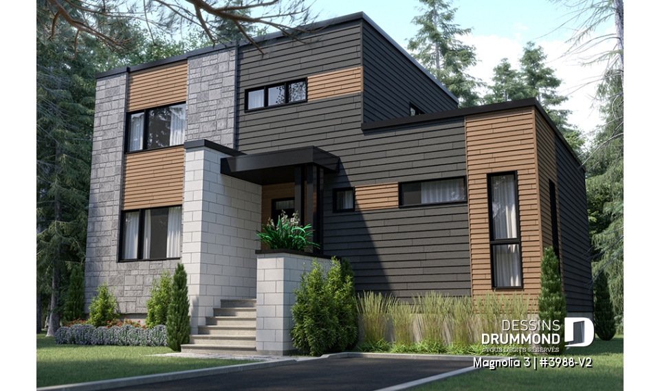 Version couleur no. 1 - Vue avant - Plan de maison moderne cubique 4 chambres, plafond à 9' au rez-de-chaussée, aire ouverte, vestiaire - Magnolia 3