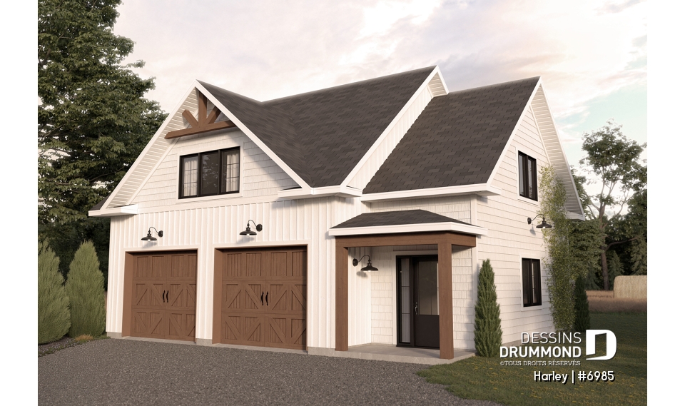 Vue avant - MODÈLE DE BASE - Plan de garage double et spacieux avec rangement prévu au rez-de-chaussée et à l'étage - Harley