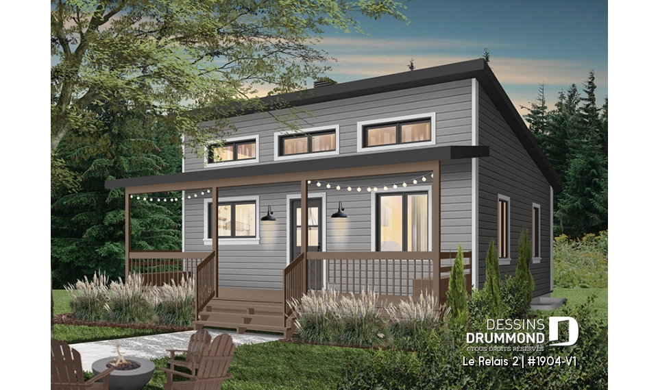 Version couleur no. 1 - Vue avant - Plan de chalet économique avec sous-sol, balcon couvert, une chambre, poêle à bois, cathédral - Le Relais 2