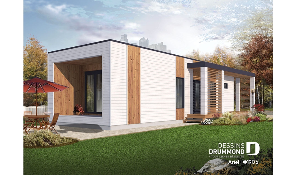 Vue arrière - MODÈLE DE BASE - Plan de mini plain-pied moderne, 631 pi. carré, plafond 9 pieds, 2 chambres, terrain étroit, terrasse abritée - Ariel