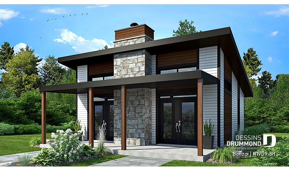 Vue avant - MODÈLE DE BASE - Plan de petite maison ou chalet moderne, joli balcon abrité, 2 chambres, foyer central et aire ouverte - Bonzai
