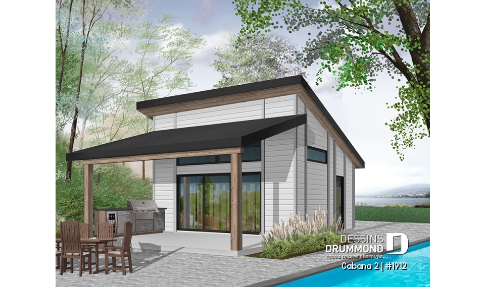 Vue avant - MODÈLE DE BASE - Pavillon extérieur, terrasse couverte avec cuisine extérieure, séjour, salle de bain, rangement - Cabana 2