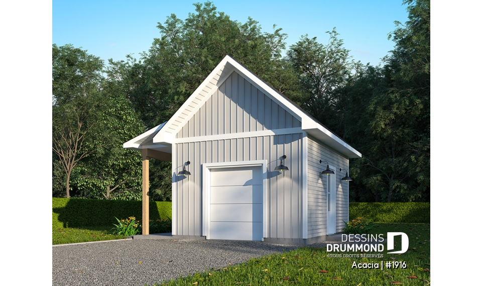 Vue avant - MODÈLE DE BASE - Plan de remise avec salle de bain, appentis permettant de ranger des vélos ou bois à l'abris - Acacia
