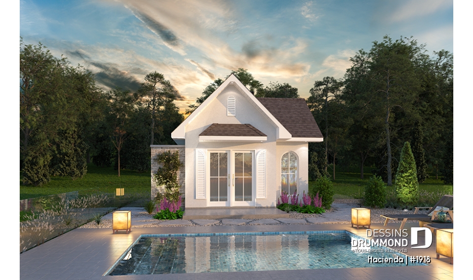 Vue avant - MODÈLE DE BASE - Modèle de pavillon de jardin, cuisine intérieure, rangement et douche extérieure - Hacienda