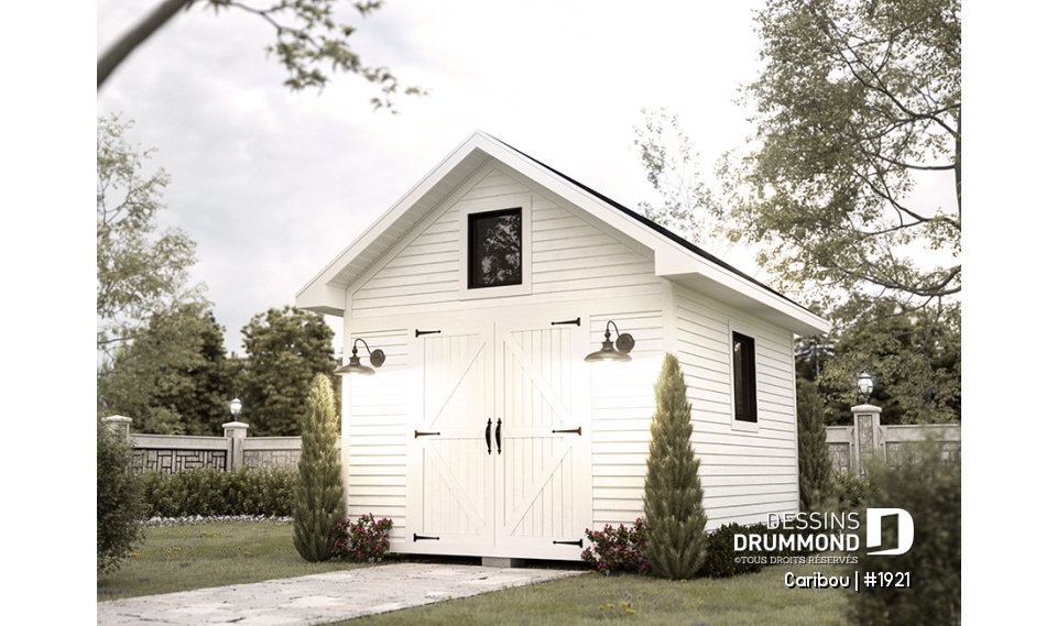 Vue avant - MODÈLE DE BASE - Plan de cabanon ou remise avec coin tablettes et crochets pour un rangement maximal - Caribou