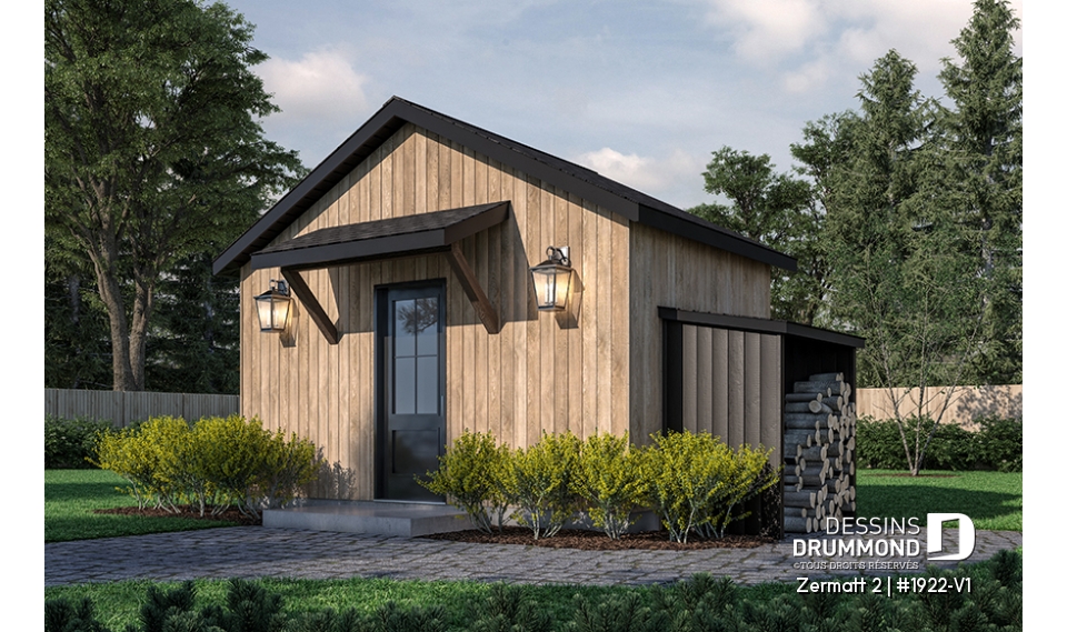 Vue avant - MODÈLE DE BASE - Plan de remise ou cabanon, coin tablettes pour rangement, ainsi qu'un secteur propice au storage de buches - Zermatt 2