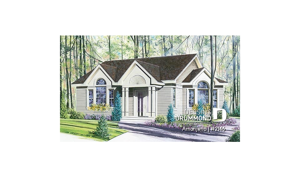 Vue avant - MODÈLE DE BASE - Plain-pied champêtre, 2 chambres, portes coulissantes, belle fenestration, plafond cathédral - Amanjéna