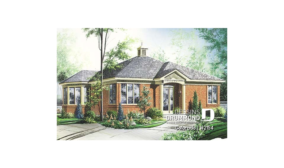 Vue avant - MODÈLE DE BASE - Plan de plain-pied abordable, 2 chambres, vestibule rabaissé, îlot, grande chambre des parents - Colorado