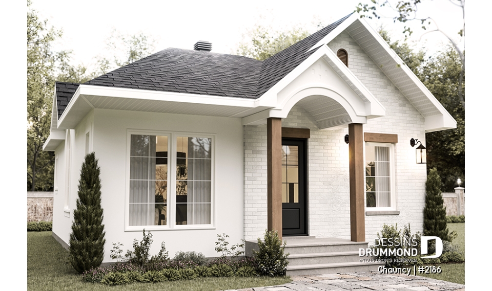 Vue avant - MODÈLE DE BASE - Plain-pied abordable offrant un chambre et un grand îlot à la cuisine, fenêtre à arche à la salle à manger - Chauncy