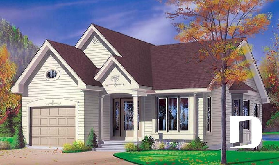 Vue avant - MODÈLE DE BASE - Plan de petit plain-pied avec garage simple, 2 chambres, belle lumière à la salle à manger - Brunswick