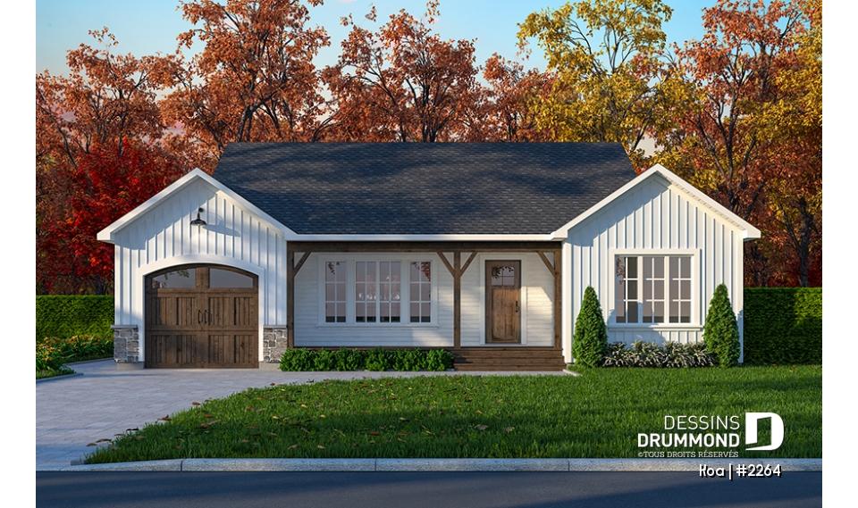 Vue avant - MODÈLE DE BASE - Charmant plan de maison plain-pied farmhouse 2 chambres, aire ouverte et grand balcon avant abrité. - Koa