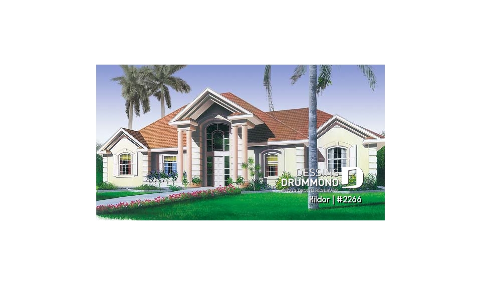 Vue avant - MODÈLE DE BASE - Plan plain-pied avec 3 chambres, garage double, à aire ouverte, guanderie, grande chambre des parents - Kildor