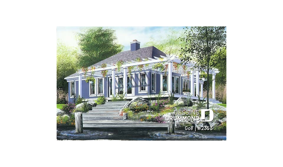 Vue arrière - MODÈLE DE BASE - Plan de bungalow lumineux, foyer central, cuisine avec îlot, pergola - Golf