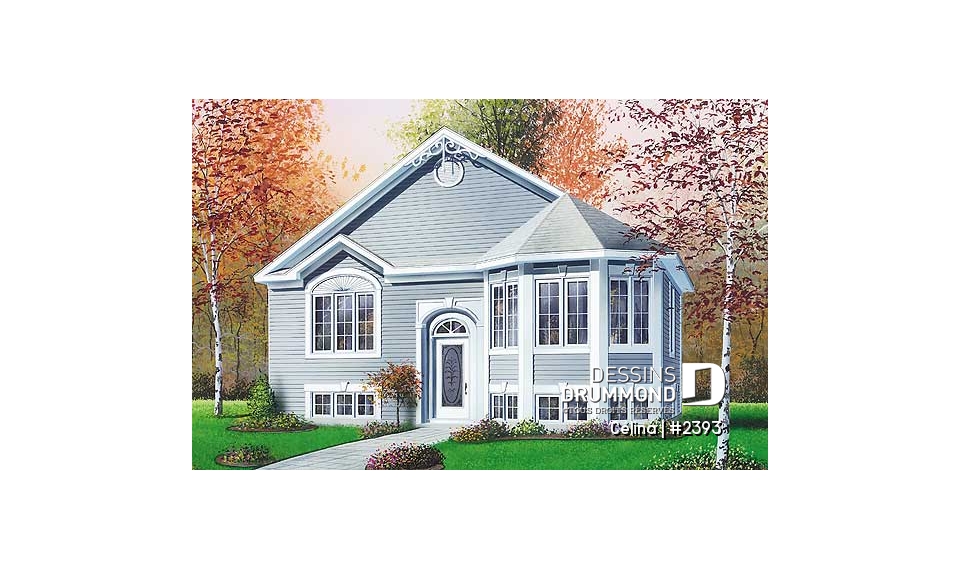 Vue avant - MODÈLE DE BASE - Plan de maison abordable, 2 chambres, à entrée split, îlot à la cuisine - Célina