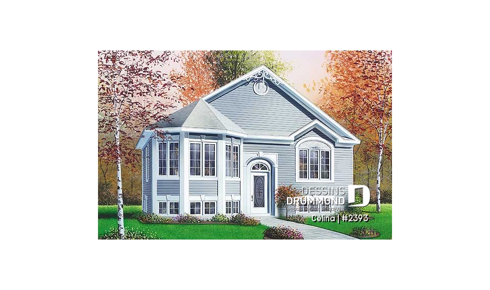 Vue avant - MODÈLE DE BASE - Plan de maison abordable, 2 chambres, à entrée split, îlot à la cuisine - Célina