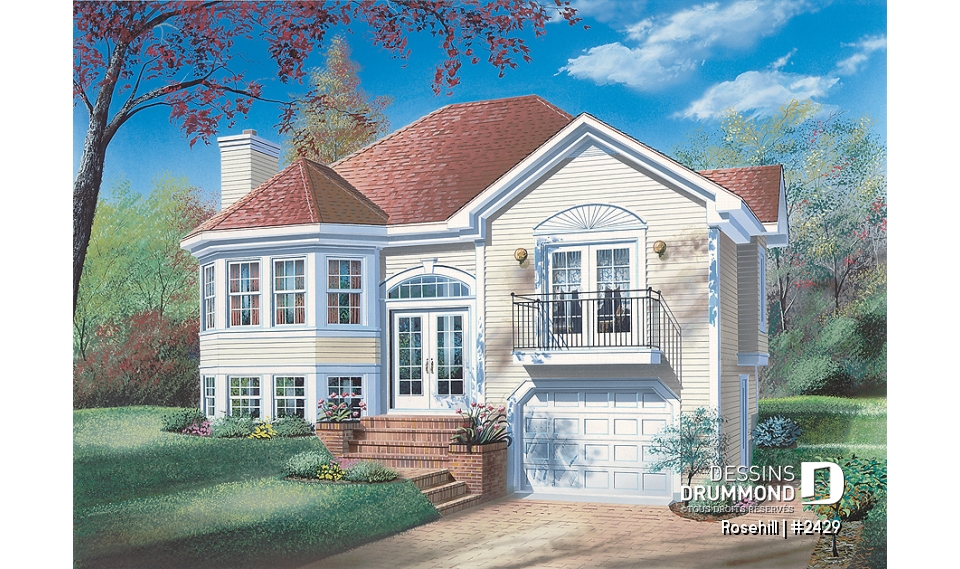 Vue avant - MODÈLE DE BASE - Split-level, 2 chambres, garage, balcon privé à la suite des maîtres, buanderie complète, foyer - Rosehill