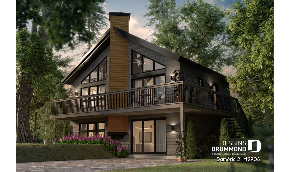 Vue avant - MODÈLE DE BASE - Plan de chalet de ski avec plafond cathédral, 3-4 chambres, foyer, grande terrasse et rangement - Daméric 2