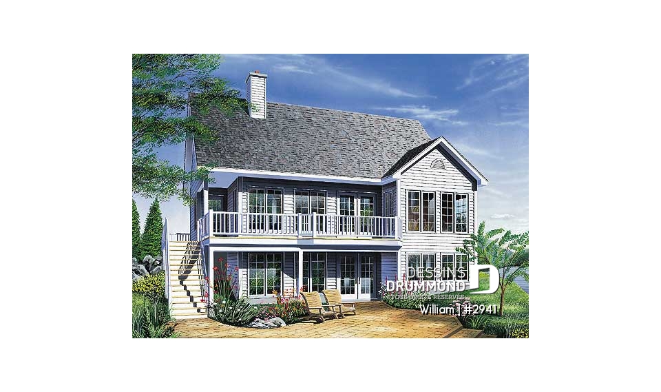 Vue arrière - MODÈLE DE BASE - Plan de maison genre chalet avec plafond cathédrale, suite des maîtres, grande terrasse, sous-sol à aménager - William