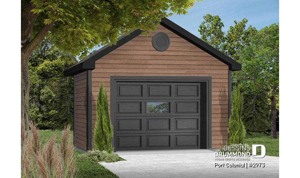Version couleur no. 2 - Vue avant - Plan de garage simple détaché de style Américain, pouvant s'harmoniser avec plusieurs styles de maison - Port Colonial