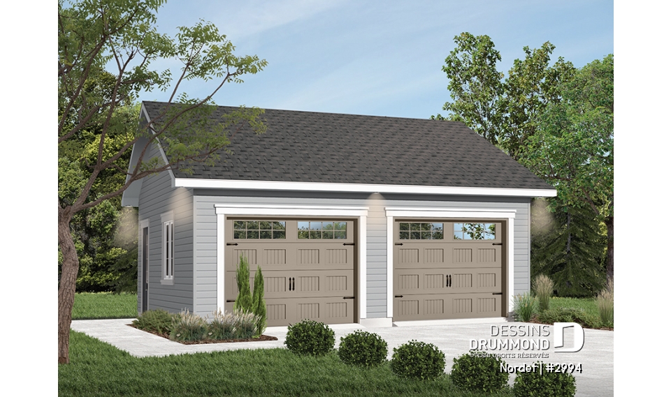 Vue avant - MODÈLE DE BASE - Plan de garage double style champêtre, construction simple, portes de garage - Nordet