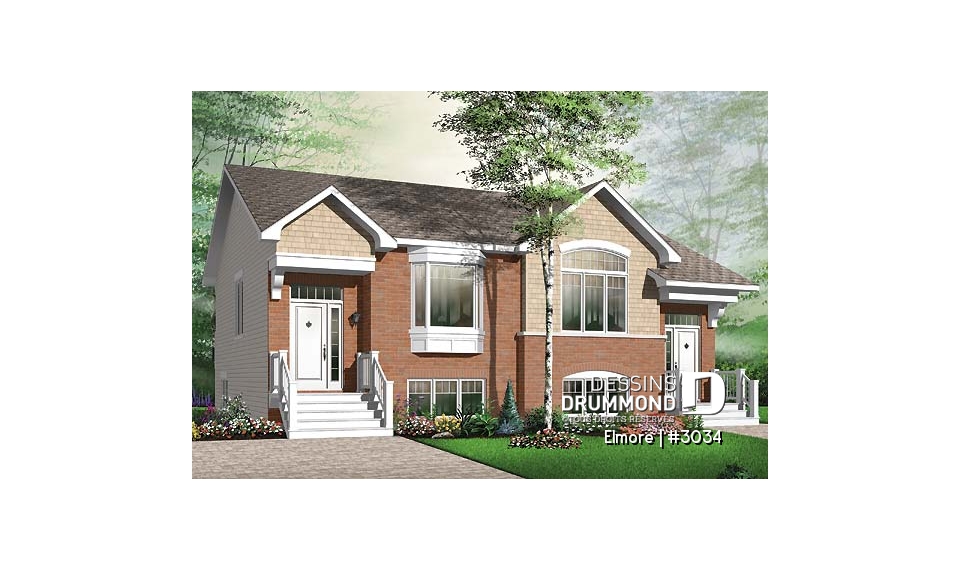 Vue avant - MODÈLE DE BASE - Plan de maison jumelée, 3 chambres, 1.5 salles de bain, buanderie au rez-de-chaussée, cuisine avec îlot - Elmore