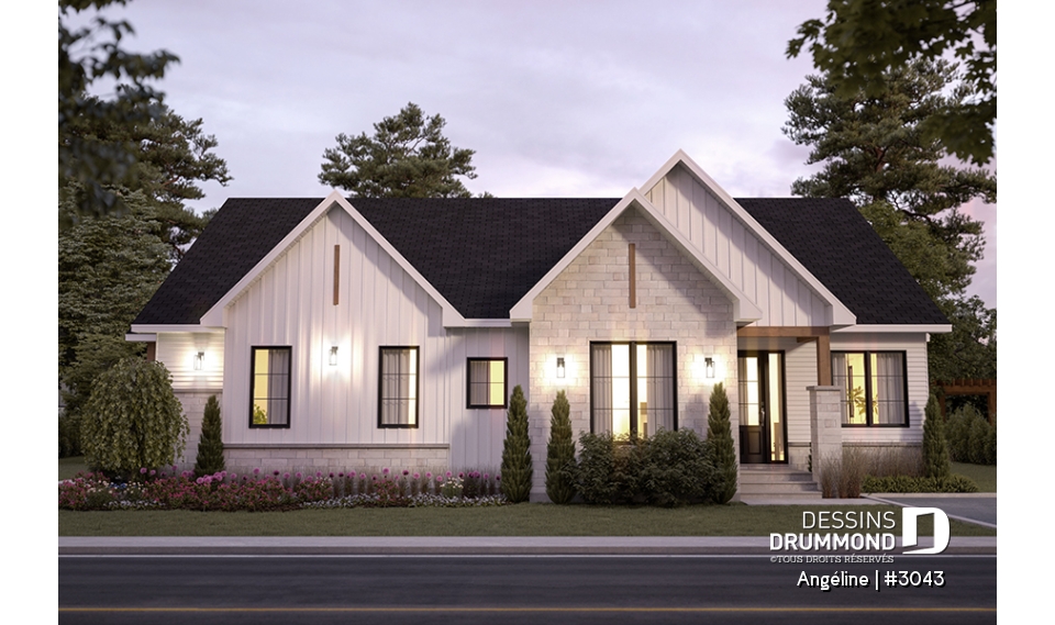 Vue avant - MODÈLE DE BASE - Plan de maison bi-génération plain-pied, 1+3 chambres, terrasse abritée, 2 foyers côté famille  - Angéline