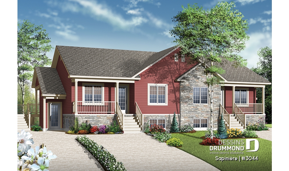 Vue avant - MODÈLE DE BASE - Plan de 4 logements, 2 chambres, 1 salle de bain avec buanderie, cuisine, salle à manger et salon à l'arrière - Sapinière