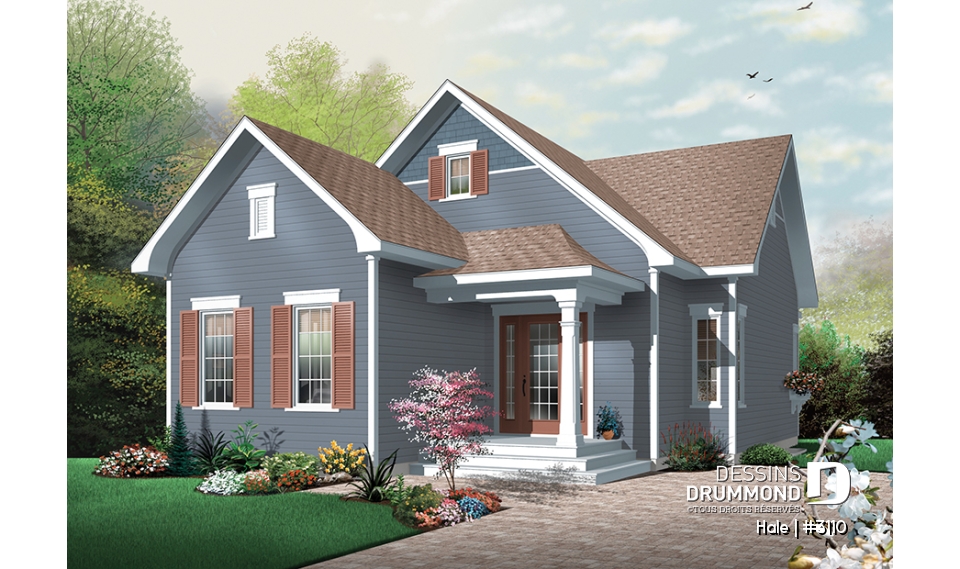Vue avant - MODÈLE DE BASE - Plan de maison plain-pied champêtre, abordable, 2 chambres, foyer, pour terrain étroit, sous-sol non-fini - Hale