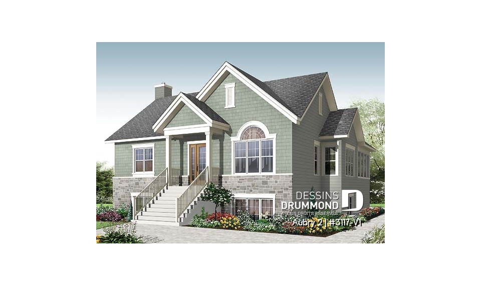 Vue avant - MODÈLE DE BASE - Plan plain-pied 2 chambres au rez-de-chaussée + 2 au sous-sol, abri moustiquaire, cathédrale au salon - Aubry 2