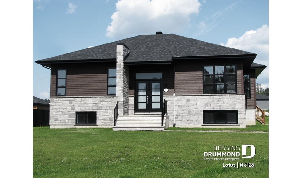 Élévation avant - Plan de maison plain-pied contemporaine, 2 chambres, grande douche, grand îlot cuisine, beaucoup lumière - Lotus