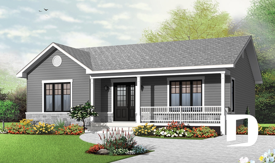 Vue avant - MODÈLE DE BASE - Plan de plain-pied moderne rustique économique, 2 chambres, espace famille ouvert, grande douche, vestibule - Clarendon