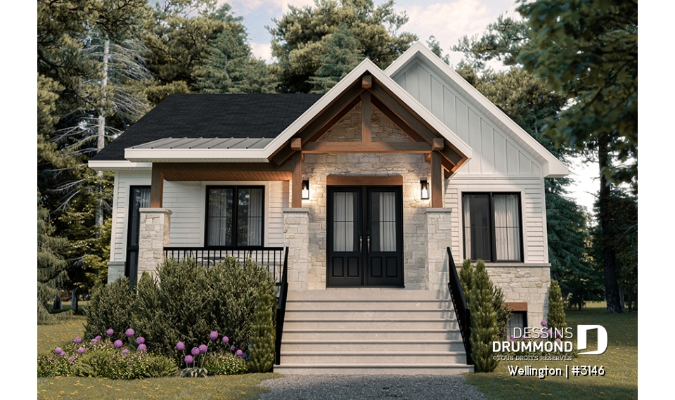 Vue avant - MODÈLE DE BASE - Plan de maison plain-pied champêtre avec 2 à 4 chambres et 2 salons, conçu pour les grandes familles - Wellington