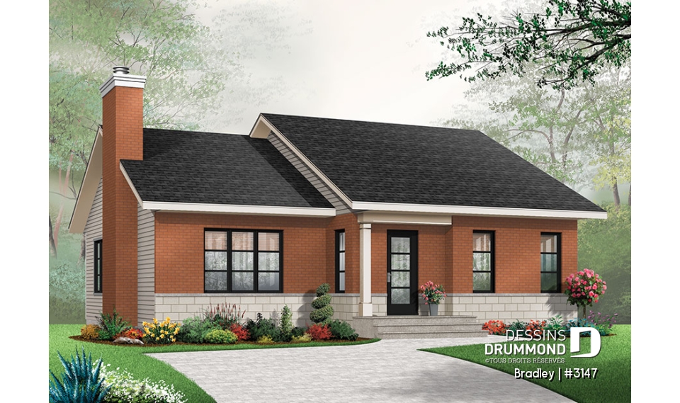 Vue avant - MODÈLE DE BASE - Plan de maison moderne, 2 chambres, walk-in chambre des maîtres, foyer, îlot, aire ouverte, vestibule fermé - Bradley