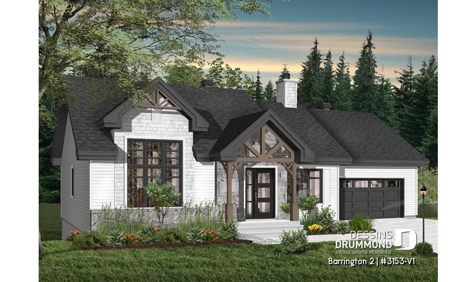 Version couleur no. 6 - Vue avant - Plan de maison plain-pied avec grand garage simple, 2 chambres, aire ouverte, vestibule, foyer et cathédrale - Barrington 2