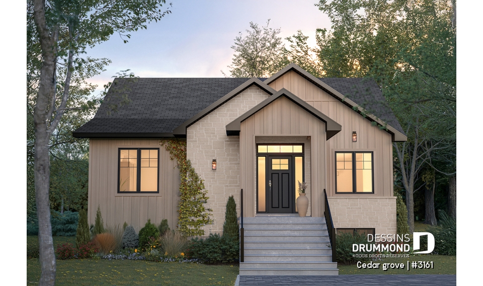 Vue avant - MODÈLE DE BASE - Modèle de maison plain-pied, sous-sol aménagé optionnel ($), 2 à 4 chambres, bureau, garde-manger, vestiaire - Cedar grove