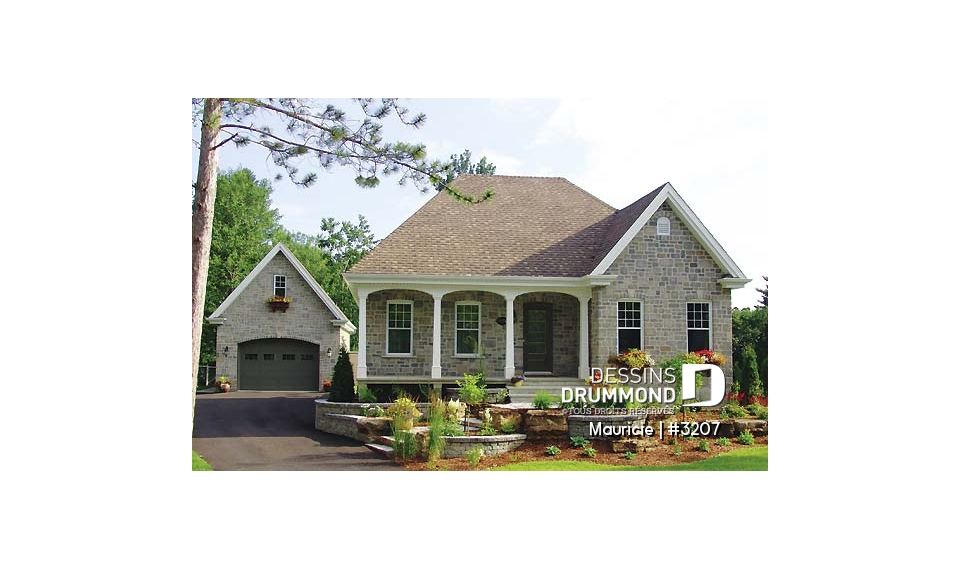 Vue avant - MODÈLE DE BASE - Maison plain-pied avec 2 chambres, galerie abritée, salle à manger en solarium, foyer, garage inclus au plan - Mauricie