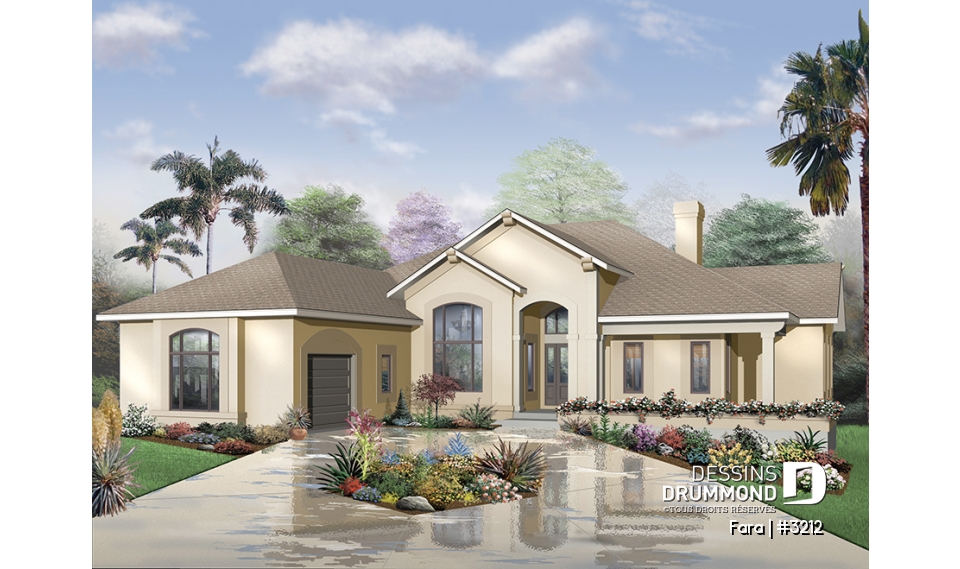 Vue avant - MODÈLE DE BASE - Plan de maison de style Floride, grande terrasse, 3 à 4 ch., garage triple, superbe patio arrière abrité - Fara
