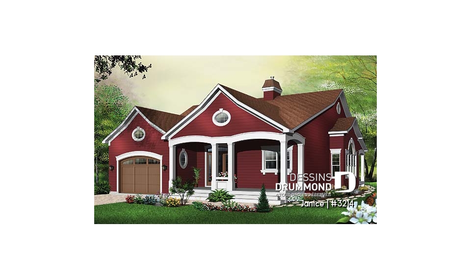 Vue avant - MODÈLE DE BASE - Plan de bungalow champêtre avec garage, 3 chambres, 2.5 s.bain, 2 suites des maîtres avec s. bain privée - Janice