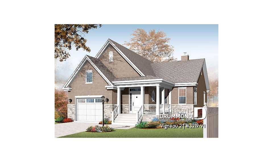 Vue avant - MODÈLE DE BASE - Plan de plain-pied avec sous-sol aménagé, 2 à 4 chambres, 2 salles de bain, grande cuisine, foyer - Vigneau 2