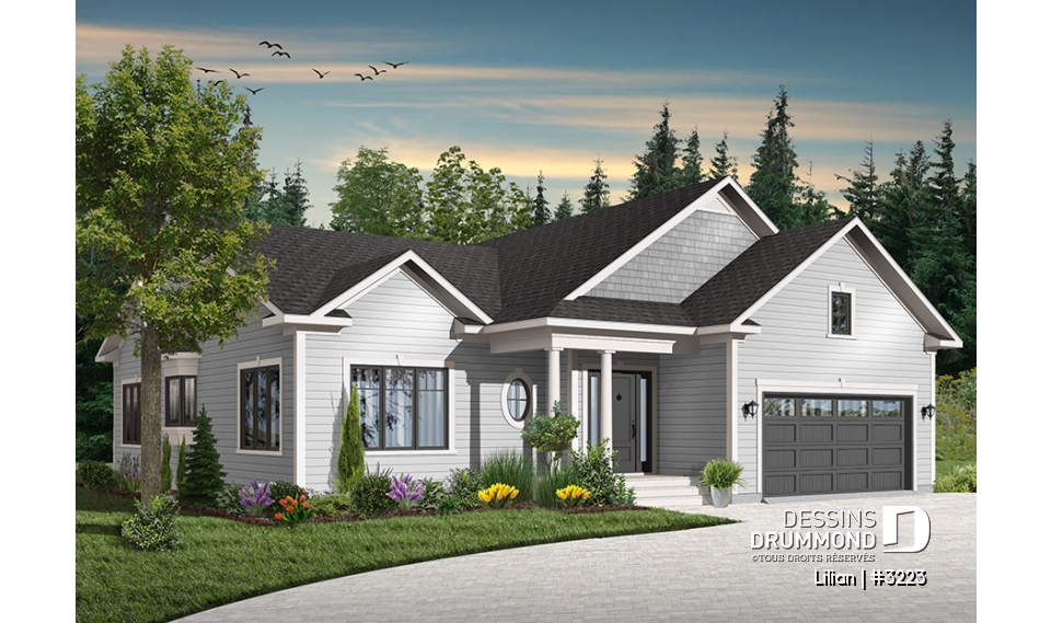 Version couleur no. 5 - Vue avant - Plan de plain-pied avec garage double, 3 chambres et salles de bain.  Salle à manger fermée et foyer. - Lilian