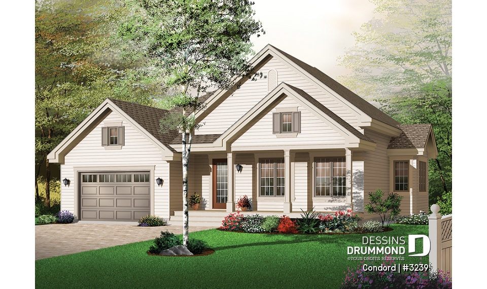 Vue avant - MODÈLE DE BASE - Bungalow de 2 chambres avec galerie couverte et grand garage - Condord