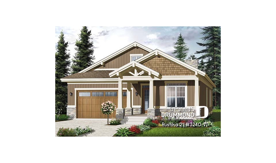Vue avant - MODÈLE DE BASE - Plan de bungalow de style nordique, garage double, 3 chambres, grande terrasse abritée, foyer, aire ouverte - Rustika 2