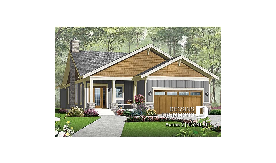 Vue avant - MODÈLE DE BASE - Plan de Maison américaine, garage double, 3 chambres, buanderie, grande terrasse couverte - Auriac 2